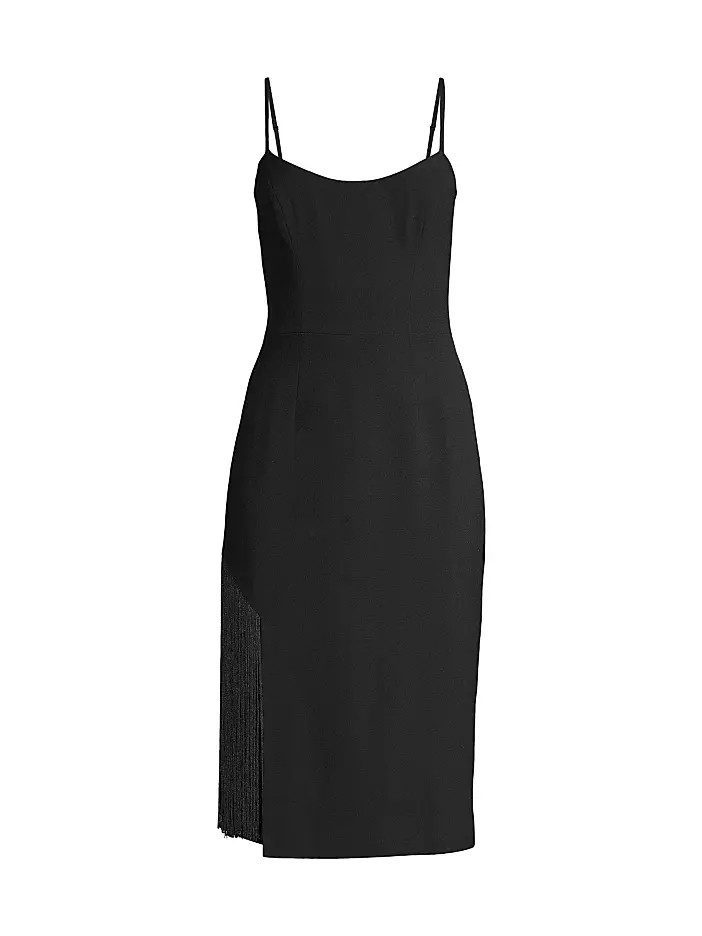 Dress The Population Black Spaghetti-Strap Midi Dress With Fringe